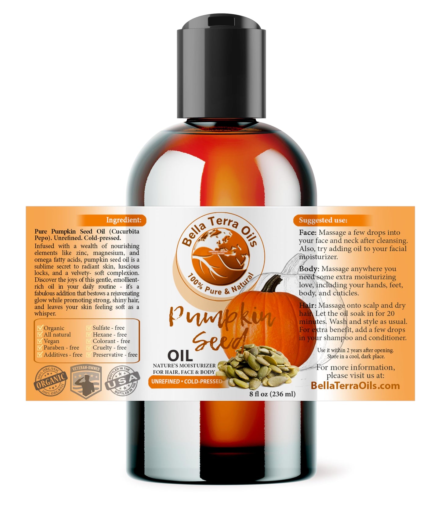Bella Terra Oils Pumpkin Seed Oil 8oz - Natural, Cold-Pressed, Rich in Omega-9 & Essential Nutrients
