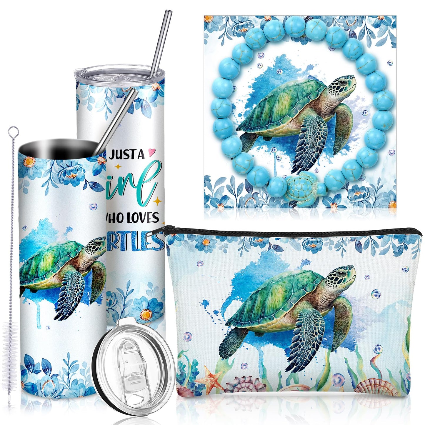 Skylety 3 Pcs Sea turtle Gift for Women Summer Sea turtle Theme Stuff 20 oz Stainless Steel Insulated Tumbler with Straw Brush Bracelet Makeup Bag Inspirational Gift for Teacher Mom Lover Birthday