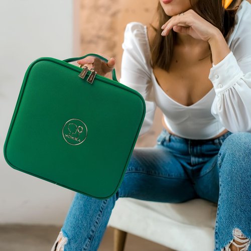 MOMIRA Makeup Bag with Mirror and Light Travel Makeup Train Case Cosmetic Bag Organizer Portable Artist Storage Bag with Adjustable Dividers Makeup Brushes Storage Organizer Emerald green