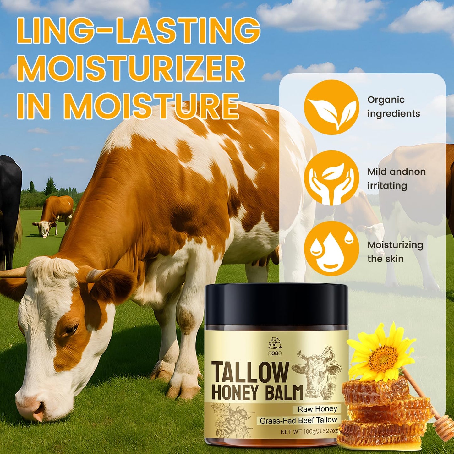 AOAO Tallow Honey Balm for Face & Body, Moisturizer with Organic Grass-Fed Beef Tallow & Raw Wild Honey, Not Diluted, Natural Hydration, Soothes & Nourishes Dry, Sensitive skin, 3.53oz