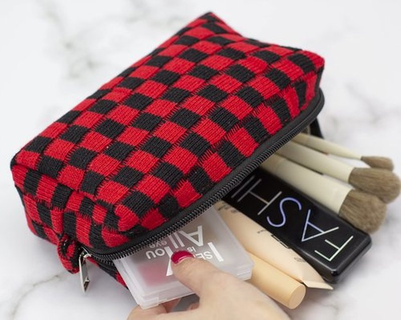 PAZIMIIK Checkered Makeup Bag for Purse Portable Zipper Make Up Pouch Small Cosmetic Case for Travel Accessories (Red Black)