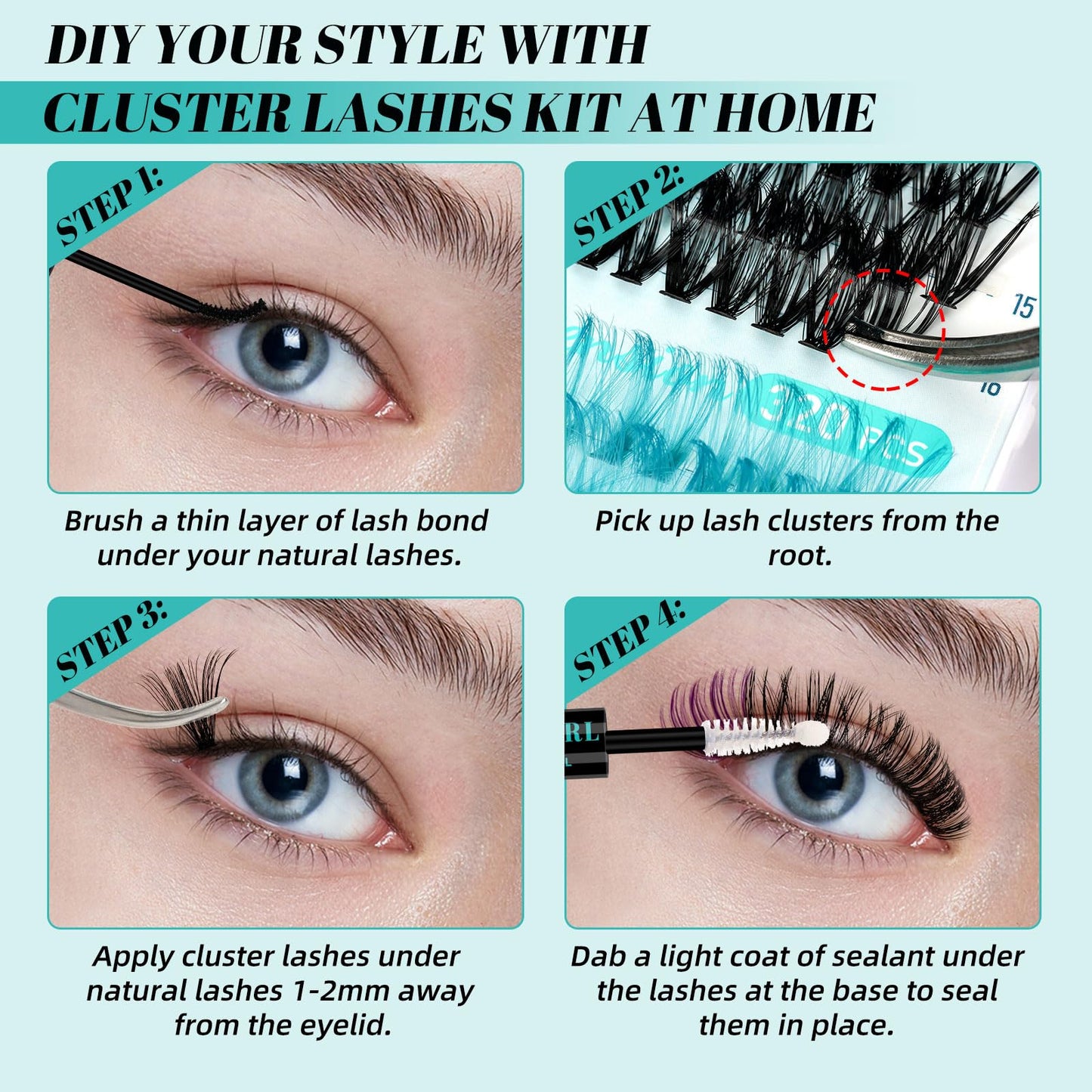 Lash Extension Kit 320Pcs,DIY Individual Lashes Clusters Kit,Lash Bond And Seal,Lash Remover For Colorful Eyelashes Extensions,Lash Applicator Tools For False Eyelash Cluster Kit(40D,D-Mix9-16mm Kit)