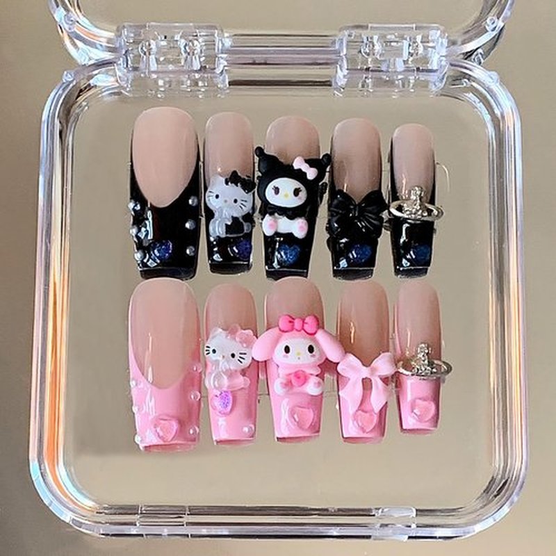 GlimightyX Luxury Cute Kawaii Press on Nails,3D Handmade Pink Black French Tip Long Tapered Square Gel Press on Nails, Reusable Stick on Nails,10 Nails Size S,Sweet Innocence