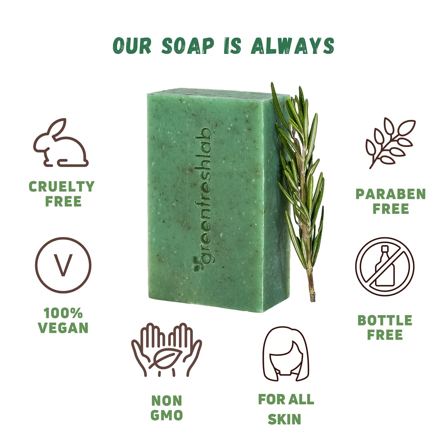 Greenfreshlab Thyme + Rosemary Soap Bar 85% Organic Ingredients, Natural Help for Sensitive Skin, Enriched with Patchouli Oil, Uplifting Aroma, Vegan & Cruelty Free, 4 oz