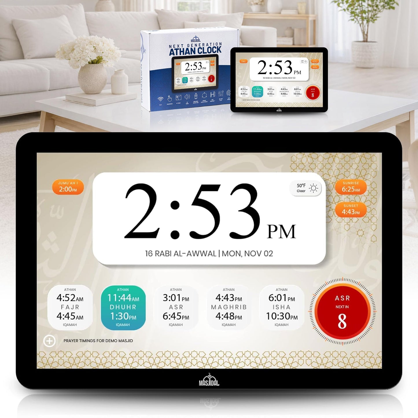 Masjidal 10" Smart WiFi Digital Azan Clock & Islamic Prayer Frame – Automatic Worldwide Prayer & Iqamah Times, Full Quran Player, Athan Alarm, Ramadan Clock, Touchscreen Muslim Home Display, Black