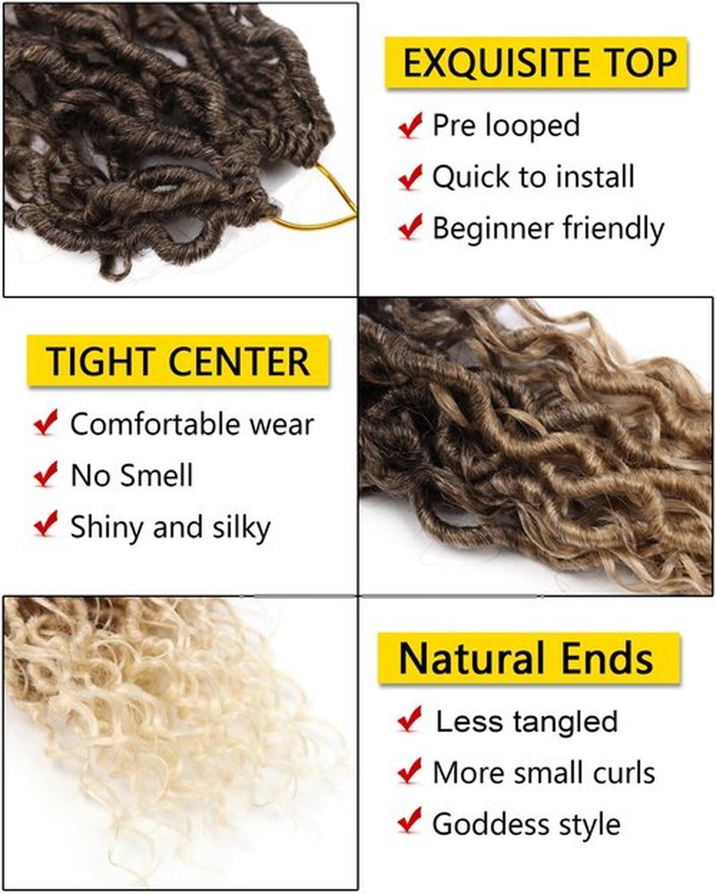 14 Inch Crochet Hair Goddess Locs 7 Packs Bohemian Locs Crochet Hair with Curly Ends Pre Looped Soft Faux Locs Crochet Hair for Black Women River Locs Crohet Braids(14 Inch,4/27/613)