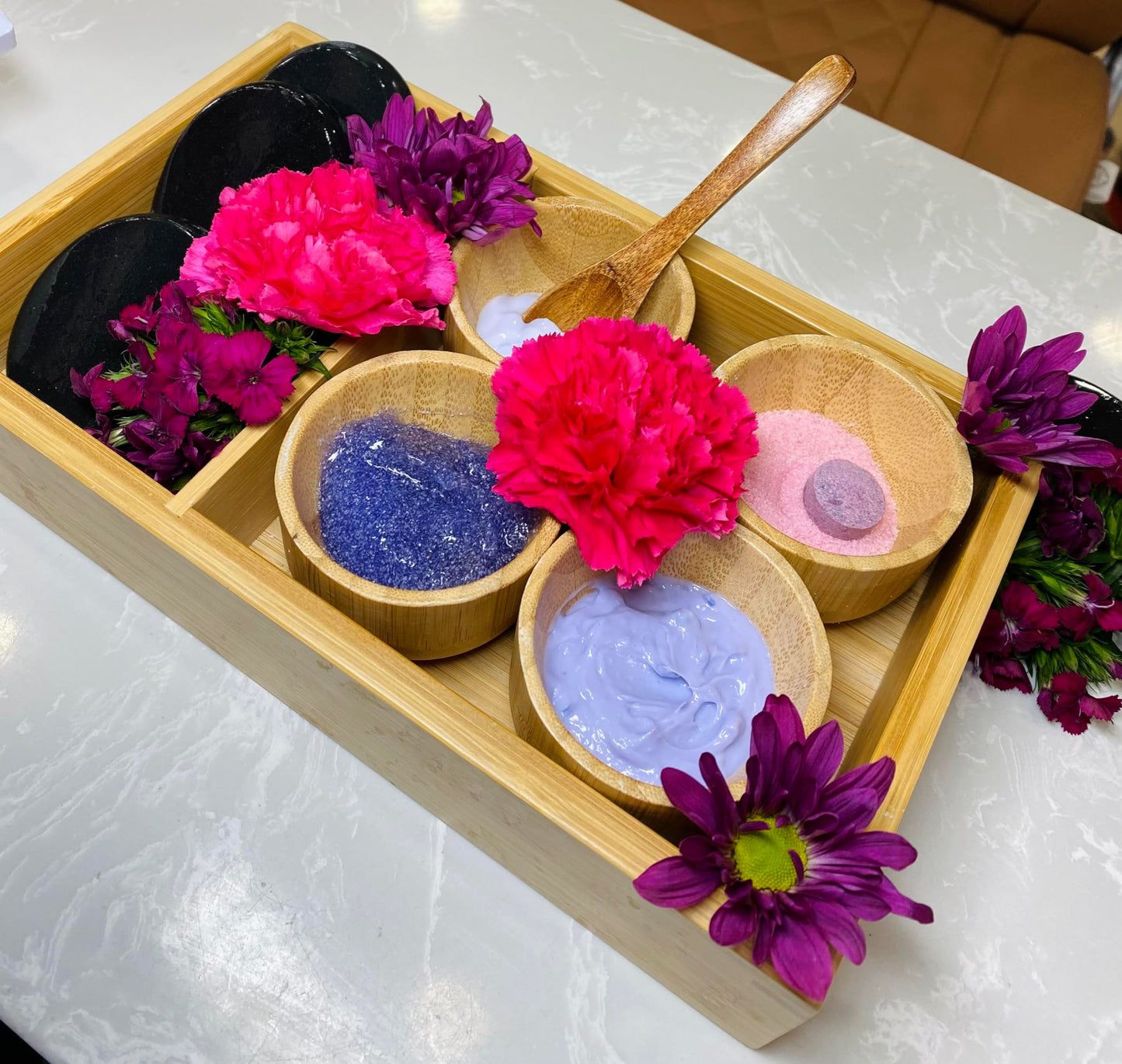 Pedicure Spa Tray, Bamboo Tray Set includes 4 bamboo bowls, bamboo spoon, Bamboo Spa Tray: 10 x 6 x 1.3 inches