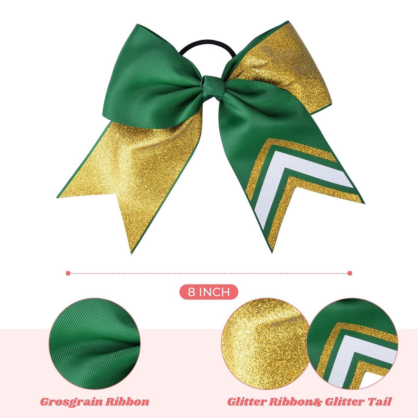 DEEKA 8PCS 8" Two Toned Large Glitter Cheer Bows Shiny Cheer Hair Bows Ponytail Holder Handmade for Cheerleader Girls Softball Sports -g Gold/Green