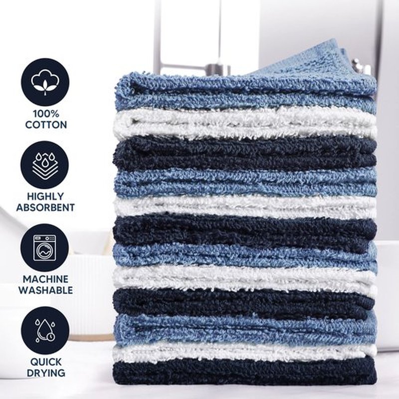 Towel and Linen Mart 100% Cotton - Wash Cloth Set - Flannel Face Cloths, Highly Absorbent and Soft Feel Fingertip Towels (Grey) (Grey, 12) (Navy, White & Sky Blue, Pack of 12)