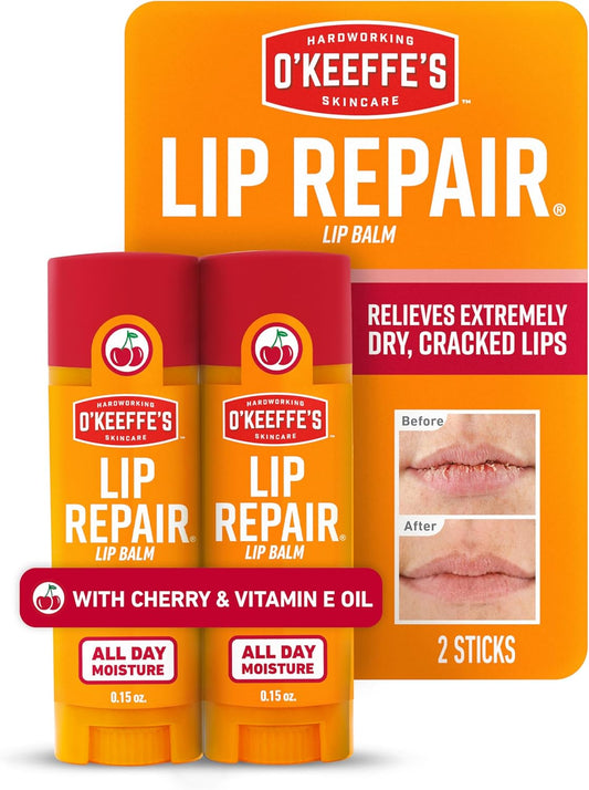 O'Keeffe's Lip Repair Balm - Cherry & Vitamin E Moisturizer for Extremely Dry Lips | Twin Pack