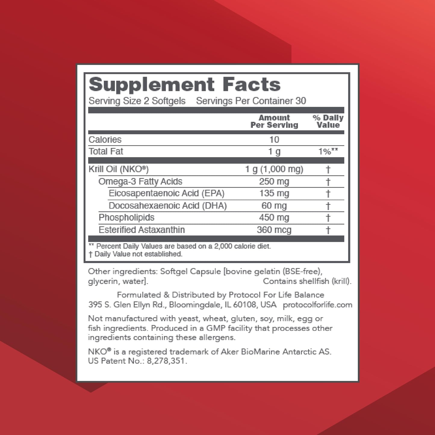 PROTOCOL FOR LIFE BALANCE Krill Oil 500mg - Krill Oil Supplement - DHA & EPA - with Astaxanthin - Supports Heart, Brain, Joints* - Non-GMO & Halal - 60 Softgels