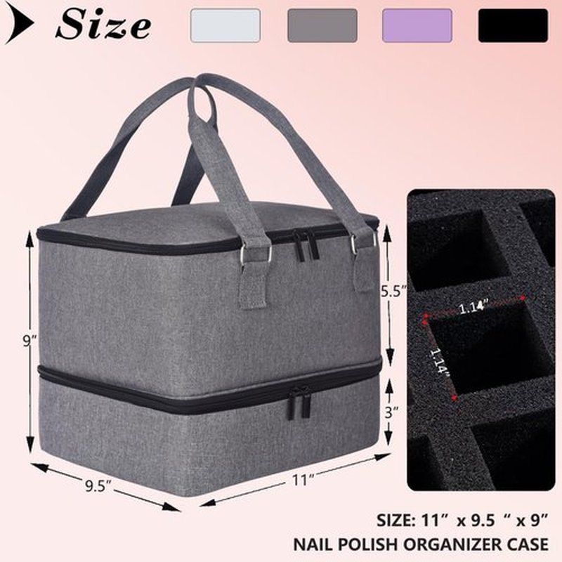 FCQQYWZ Nail Polish Organizer Case - Holds 42+ Bottles (15ml/0.5 fl.oz) and 1 Nail Lamp, Upgraded Double-layer Nail Polish Carrying Case Nail Polish Storage Bag with Handles (Grey)