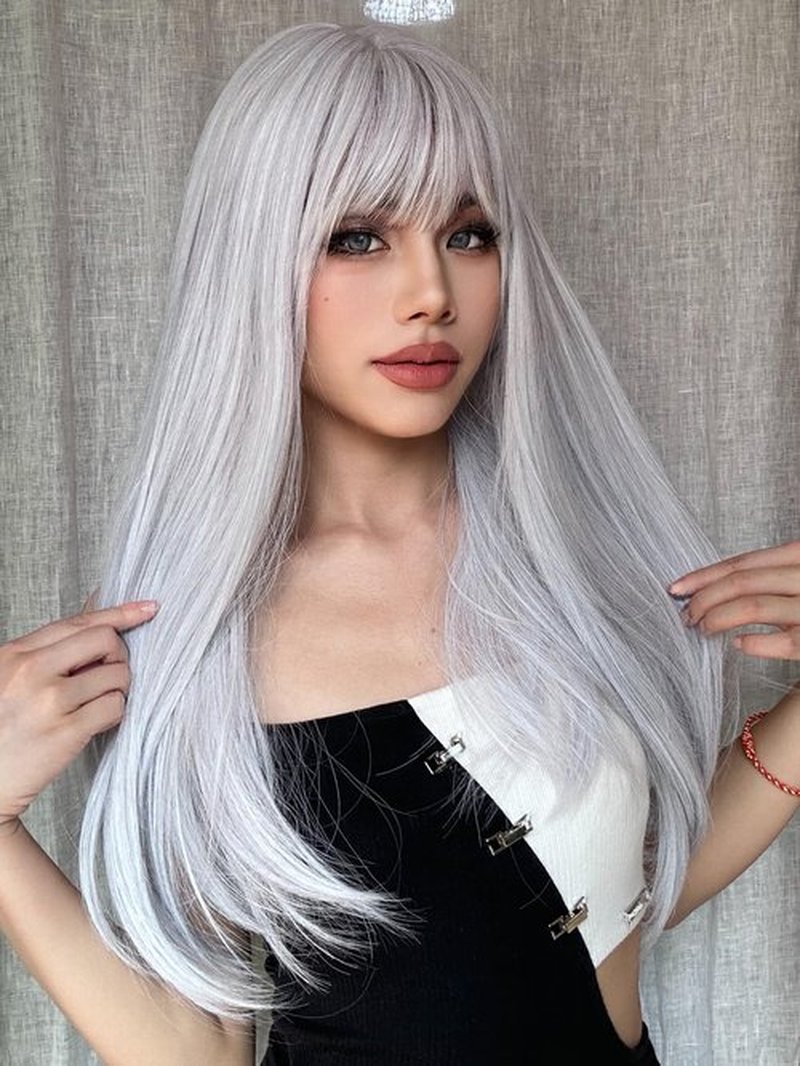 ENTRANCED STYLES White Wig with Bangs Long Straight White Wigs for Women Cosplay Wigs for Gril Natural Hairline Heat Resistant Synthetic Wig for Daily for Cosplay Party Halloween