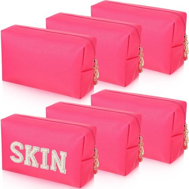 6 Pcs Preppy Patch Makeup Bag PU Leather Cosmetic Bag Waterproof Neat Travel Toiletry Pouch Portable Makeup Bag for Women Friends Cosmetic Organizer Travel Toiletry Pencil Case (Rose Red)
