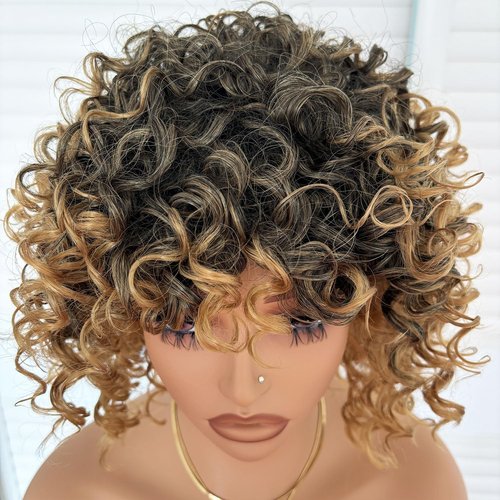 Short Loose Curly Afro Wigs 8 Inch Ombre Blonde Big Bouncy Kinky Curly Bob Wig with Bangs for Women Synthetic Heat Resistant Full Hair Wig