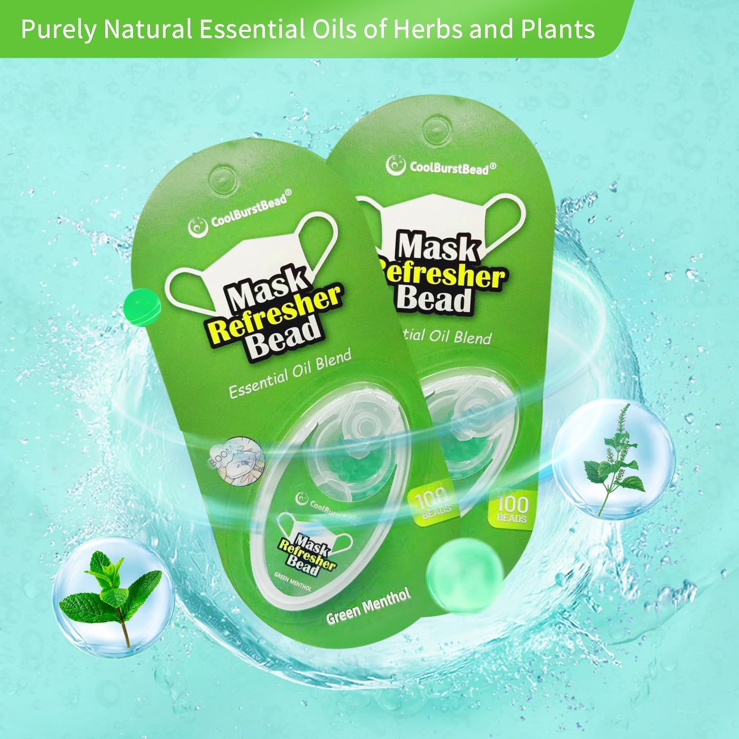 CoolBurstBead Menthol Beads for Face Mask Refresher, Long-Lasting & Strong Refreshing Fragrance, with Natural Essential Oils from Herbs and Plants (100 beads/pack), Pack of 2, Green Menthol