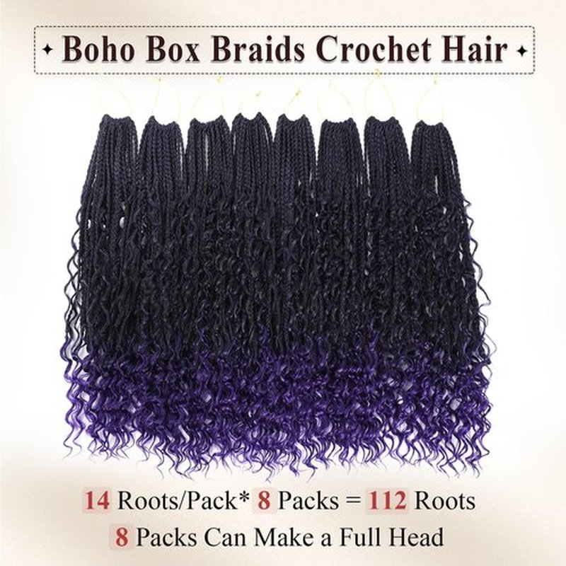 Boho Box Braids Crochet Hair 8 Packs Boho Crochet Braids Pre Looped 1B/Purple Goddess Box Braids Crochet Hair for Black Women 24 Inch Boho Braids Crochet Hair Extension