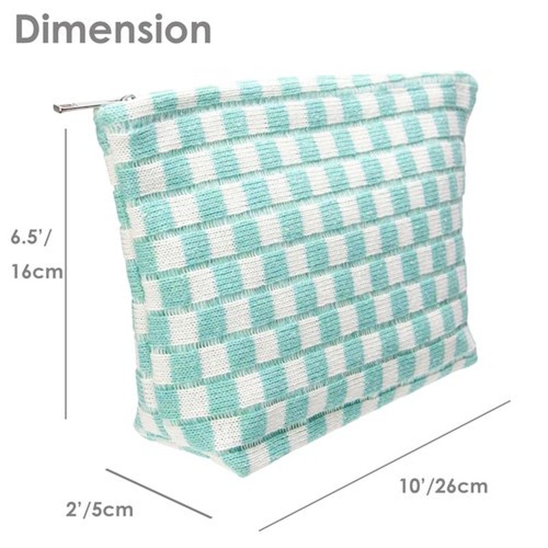PAZIMIIK Knitted Checkered Makeup Bag Large Zipper Make Up Accessory Pouch for Purse Cosmetic Brush Bag for Travel Essential Arctic Blue