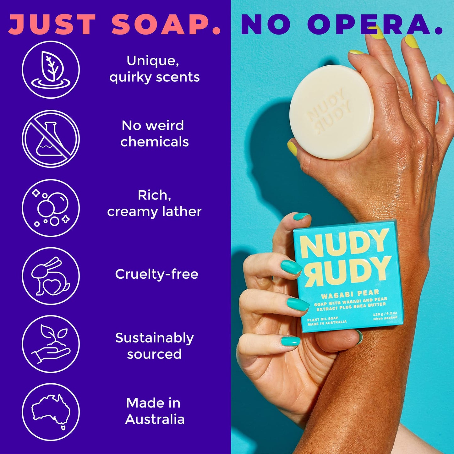 Nudy Rudy - Wasabi Pear - Hand Cream & Soap Puck Bundle - Organic Shea Butter - Natural - Non-Greasy - Moisturizer - Lotion - Hand Soap - Body Wash - All Skin Types - Skin Care - Men & Women - 4 Pack