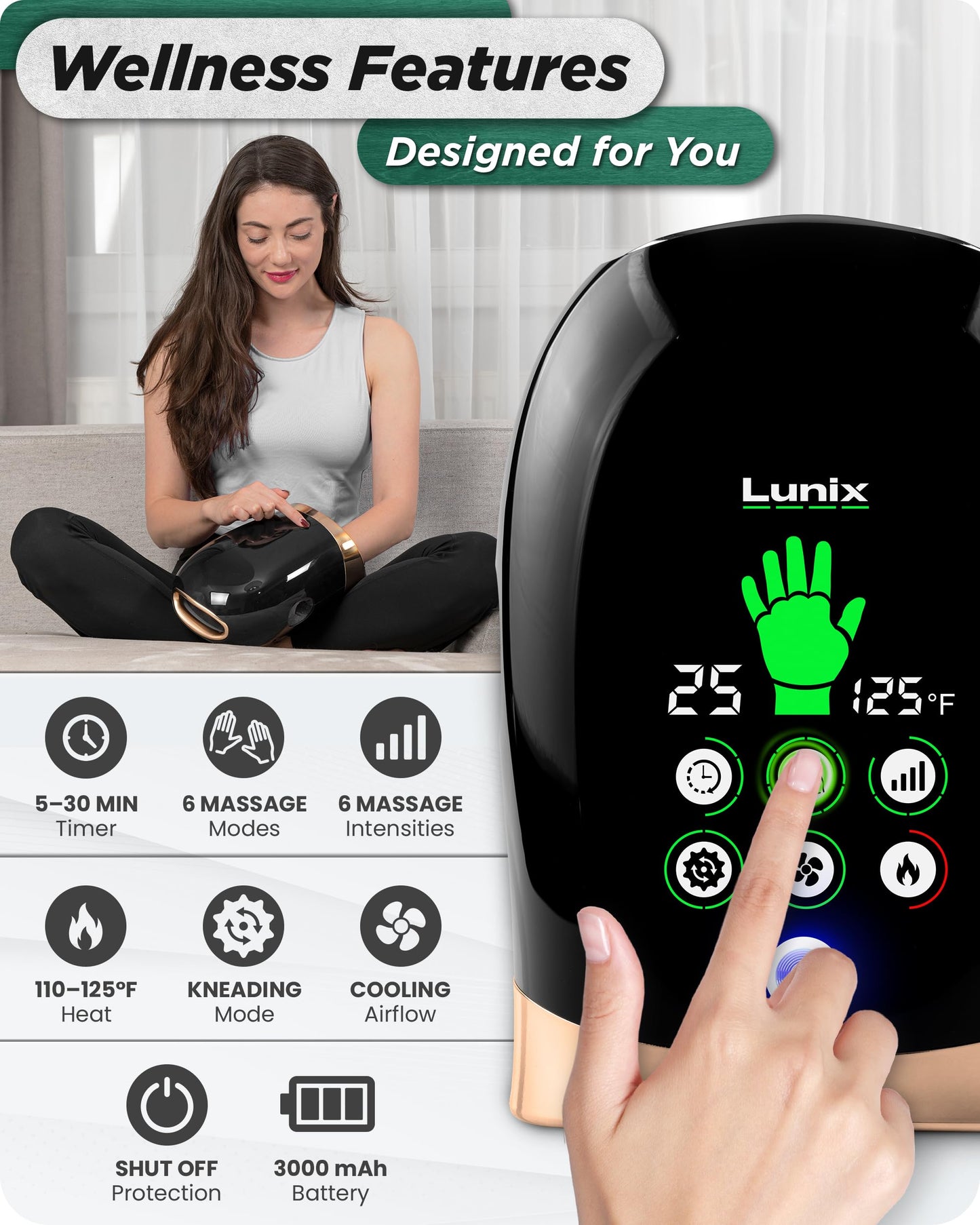 Lunix LX30 Rolling Hand Massager, Kneading + Compression, Heat + Cooling Fan, Finger & Wrist Pain Relief, Cordless Rechargeable, Charcoal Black