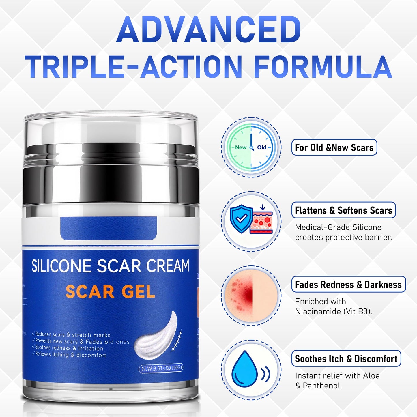 Crobirware Silicone Scar Cream Gel - [3.53 oz / 100g] Jumbo Value Pack - Advanced Gel for Old & New Scars, C-Section, Stretch Marks, Surgery, Acne, Burns, Keloids - Face & Body
