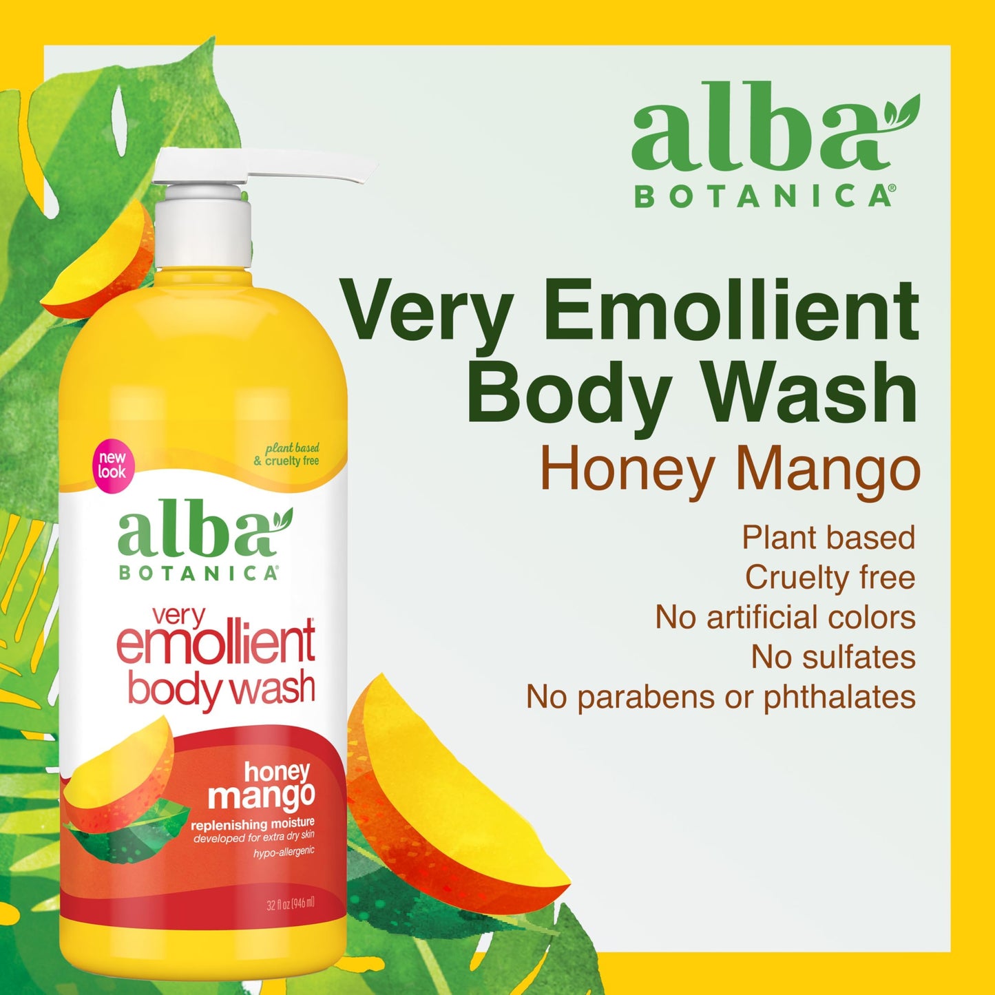 Alba Botanica Very Emollient Body Wash, Honey Mango, 32 Oz (Packaging May Vary) (Pack of 2)