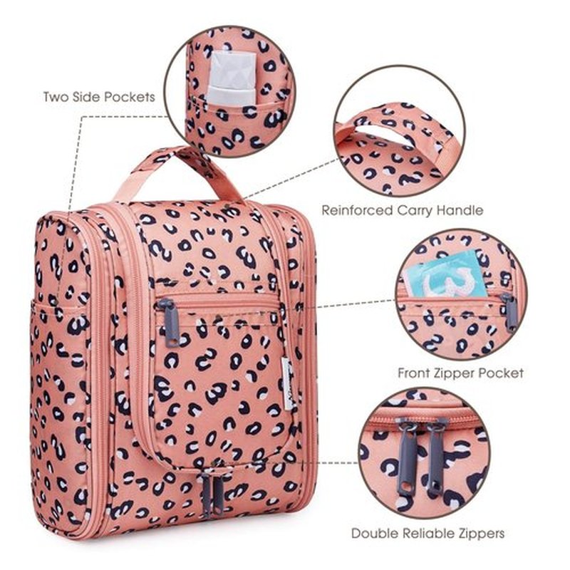 Narwey Small Hanging Toiletry Bag Women Travel Makeup Bag Organizer Toiletries Bag for Travel Size Essentials Accessories Cosmetics (Medium, Orange Leopard)