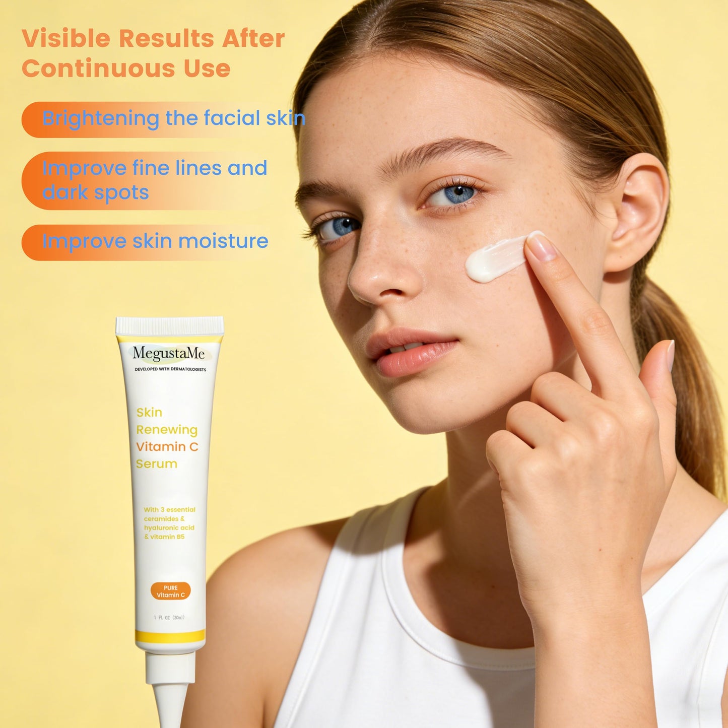 MegustaMe Skin Renewing Vitamin C Serum 30ml - Pure Vitamin C Serum Dermatologist Developed Brightening Antioxidant Face Serum for Glowing Skin,Hydrating Skin Barrier Repair Serum.