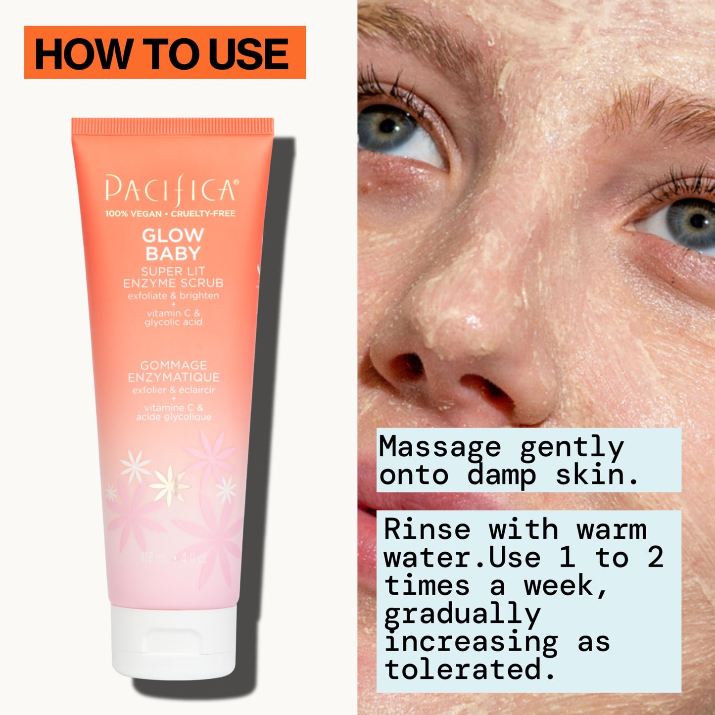 Pacifica Glow Baby Exfoliating Face Scrub, Brightening Enzyme Facial Cleanser w/Vitamin C & Glycolic Acid for Radiant Smooth Skin, Unclogs Pores & Removes Dead Skin, Microbead-Free Vegan (4 fl oz)