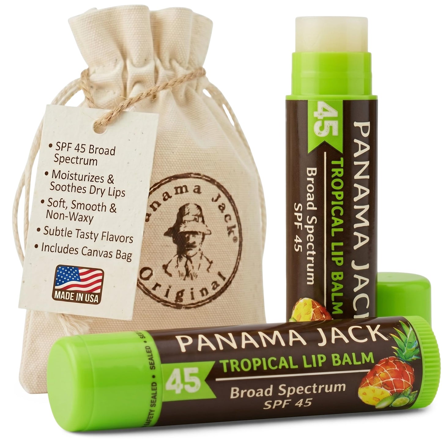 Panama Jack Sunscreen Lip Balm - SPF 45, Broad Spectrum UVA-UVB Sunscreen Protection, Prevents & Soothes Dry, Chapped Lips, Tropical, 2-pack