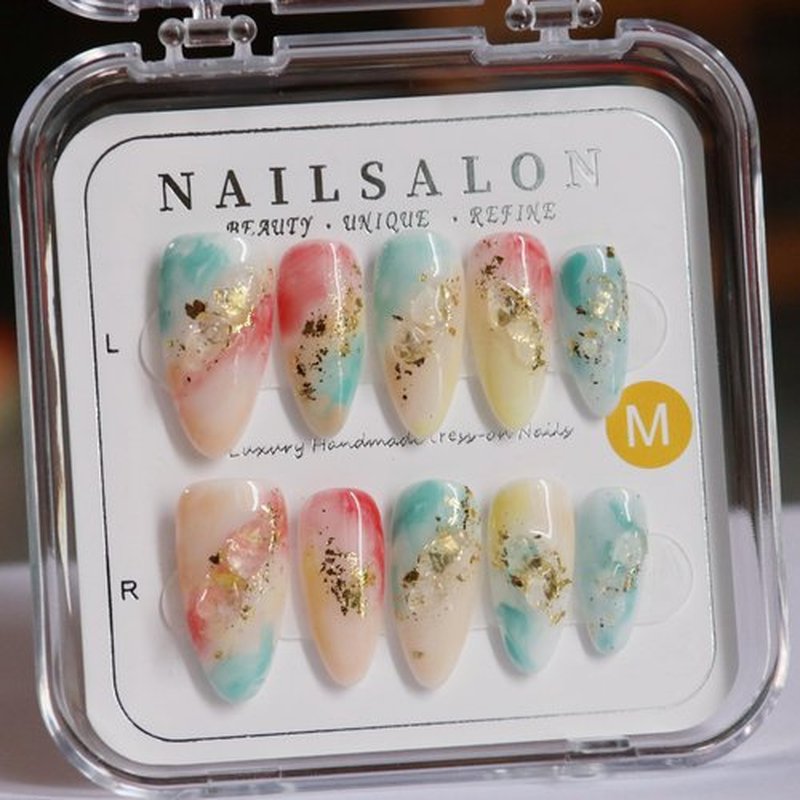 CAMILCY Handmade Nails Press on Design of Almond Shaped Multi Color Blue Yellow Red and Gold Foil Hand-painted Reusable Gel UV Finished Pre Shaped for Women 10pcs 3D Handmade False Nails (A015 L)