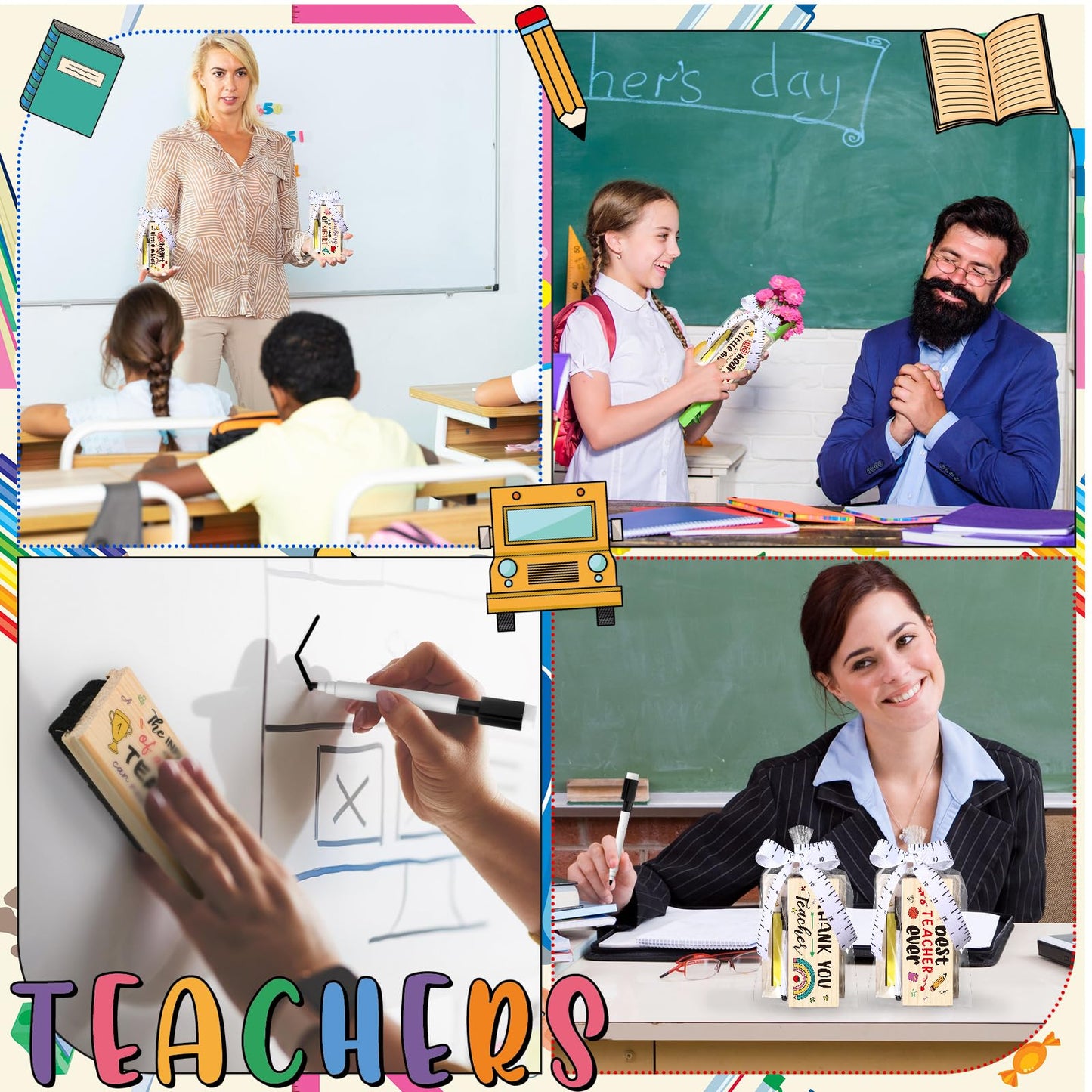 Kosiz 31 Pcs Back to School Teacher Gifts Bulk, Including 6 Thank You Wood Chalkboard Erasers with Markers 6 Note Sticky 6 Wooden Note Holder Measuring Tape for First Day of School Classroom Favor