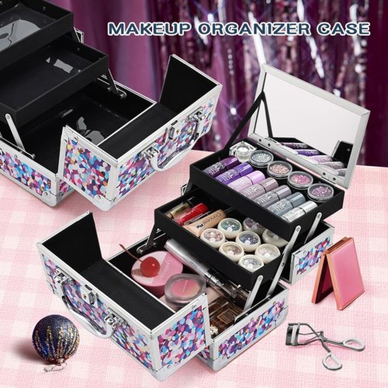 Joligrace Makeup Box Cosmetic Train Case Jewelry Organizer Lockable with Keys and Mirror 2-Tier Tray Portable Carrying with Handle Travel Storage (Spotted Purple)