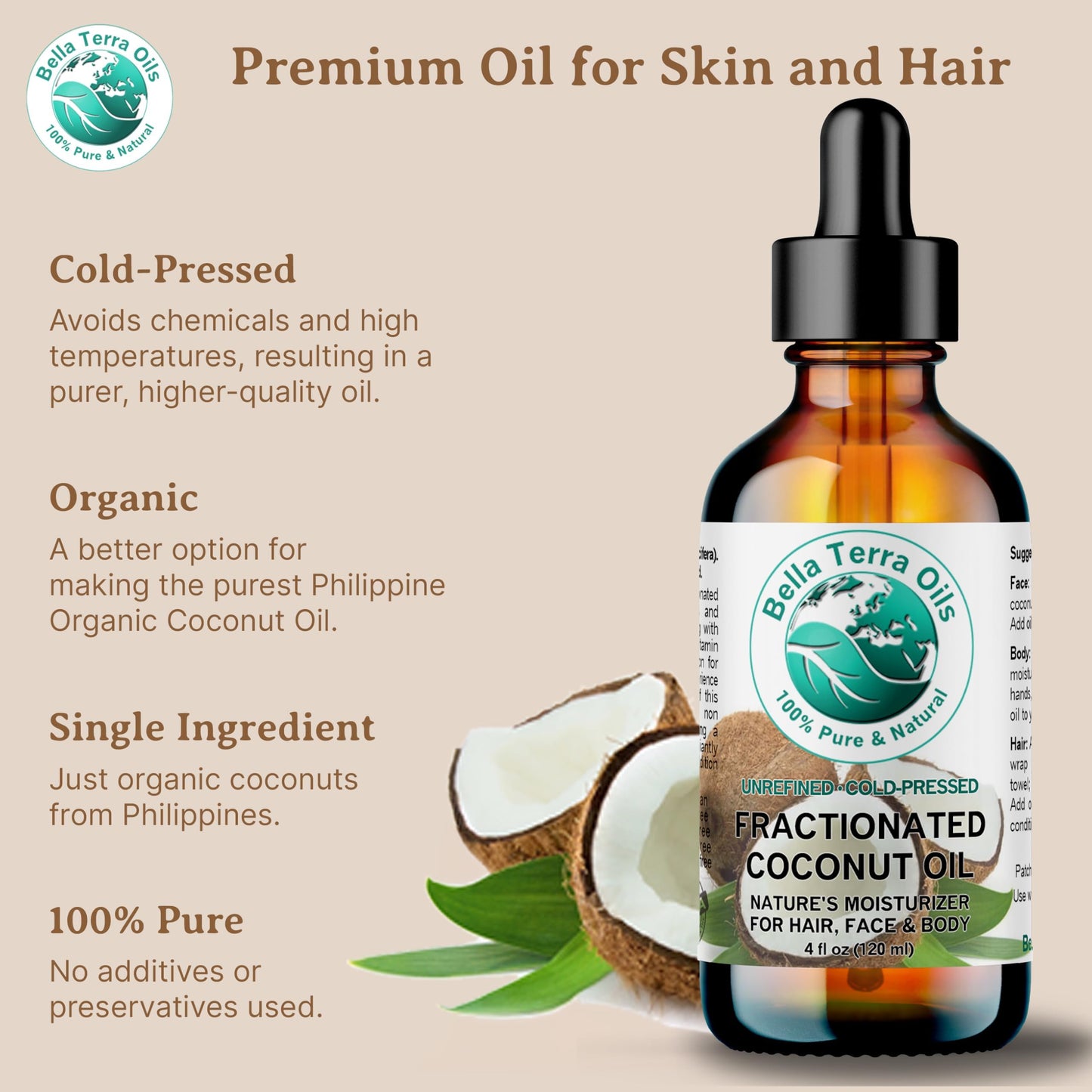 Bella Terra Oils - Liquid Natural Fractionated Coconut Oil 16oz - The Ideal Mix of MCTs & Fatty Acids, A Lustrous Elixir for Daily Skin Care