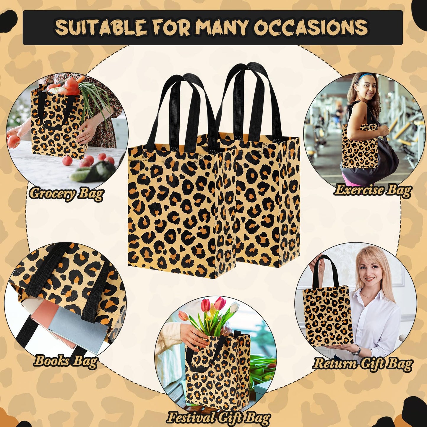 Supervitae 24 Pack Leopard Print Gift Party Bags Medium Animal Print Party Decoration Supplies Reusable Non Woven Totes for Birthday Jungle Baby Shower Favor(9.8" x 7.9" x 3.9")