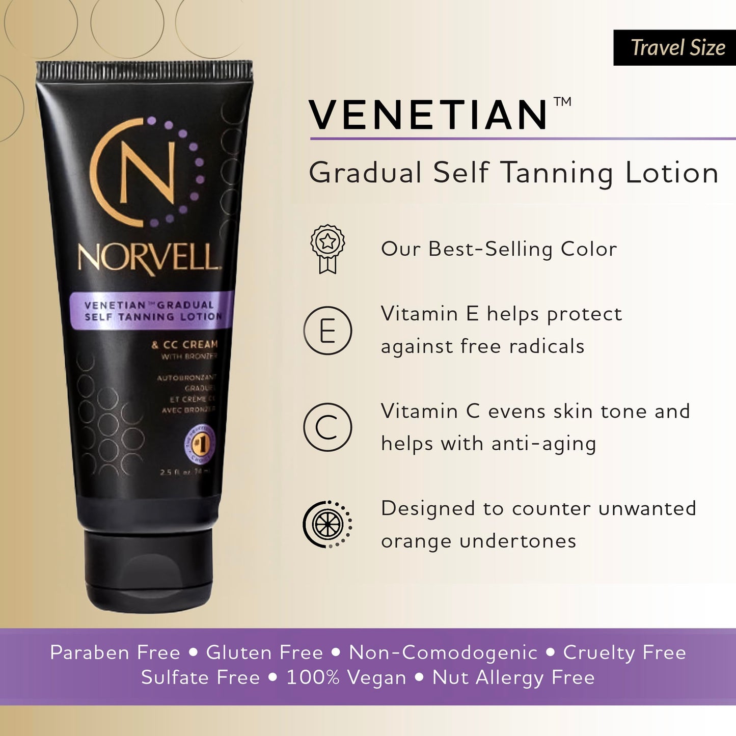 Norvell Venetian Sunless Self Tanner Gradual Color Extender Moisturizing Lotion, Travel Size 2.5 fl.oz - Self Tanning Cream with Violet and Brown Tone