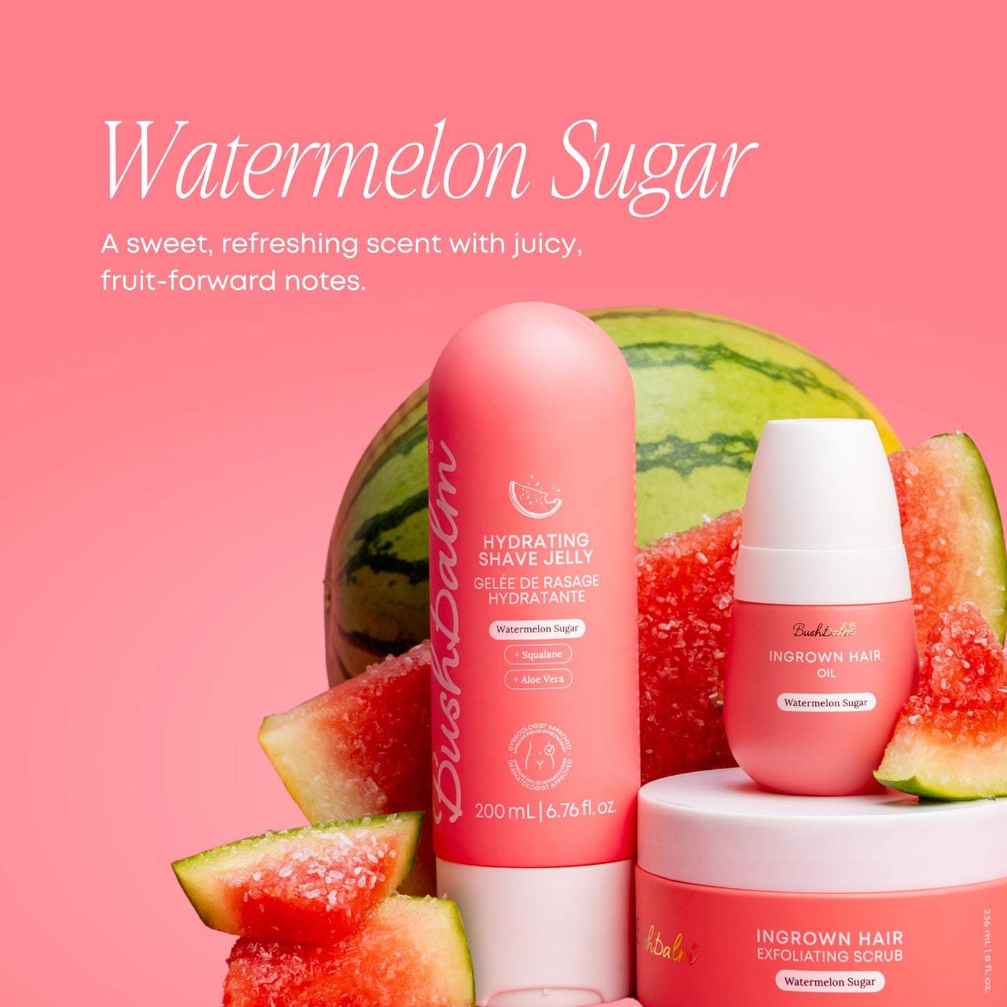 Bushbalm Shaving and Ingrown Hair 3 Step Routine – Reduce Razor Bumps & Hydrate – Shave Jelly, Ingrown Hair Oil and Exfoliating Scrub – Watermelon Sugar