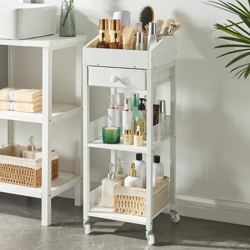 HUSHEDIFY Makeup Organizer Cart,3 Tier Floor Make up Storage Stand with Drawer, Free Standing Skincare Cosmetic Display Holder with Wheels for Vanity Bedroom Dresser Bathroom(White)