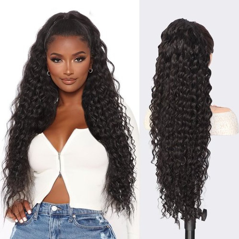 QGZ Curly Ponytail Extension,Drawstring Ponytail for Black Women 30 Inch Synthetic Long Curly Wavy Clip in Pony Tails Hair Extensions for Daily Use(Black Brown)