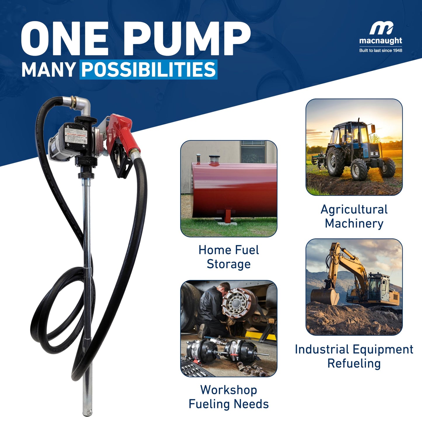Macnaught Fuel Transfer Pump M3 120V, 15 GPM 3/4" High Flow Fuel Pump, Auto Shut-Off, Nozzle, Discharge Hose, Expandable to 36" Length, CSA Certified for Gasoline, Diesel, Kerosene, Mineral Spirits