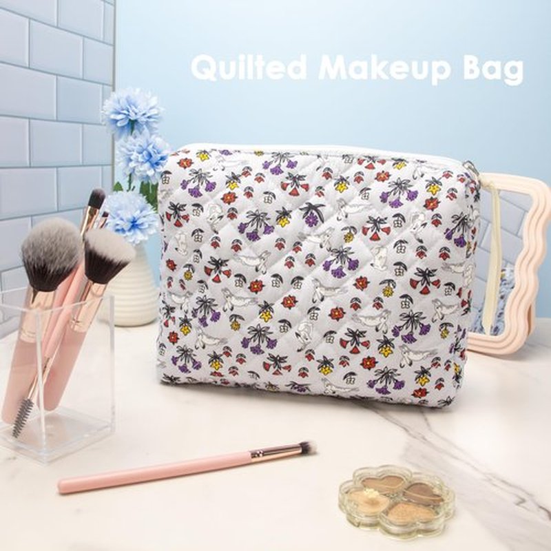PAZIMIIK Cotton Makeup Bag for Women Large Quilted Travel Cosmetic Pouch Girls' Make Up Organizer,Bunny Blue