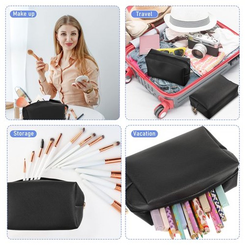 6 Pcs Preppy Patch Makeup Bag PU Leather Cosmetic Bag Waterproof Neat Travel Toiletry Pouch Portable Makeup Bag for Women Friends Cosmetic Organizer Travel Toiletry Pencil Case (Black)
