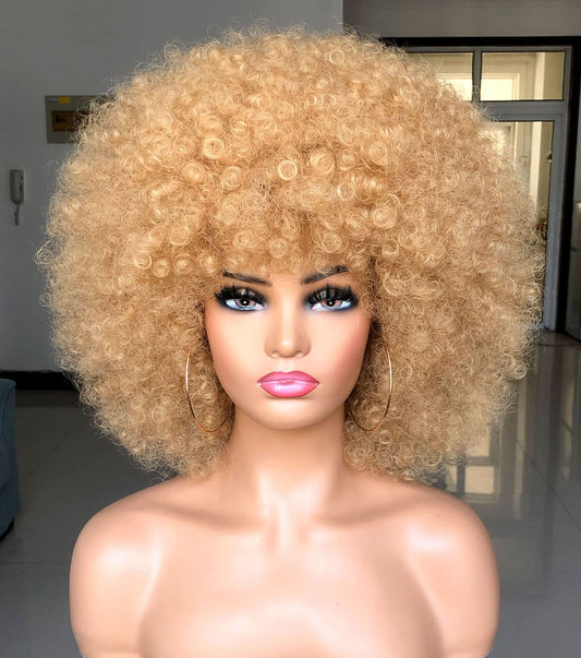 HIHOO Short Afro Wig with Bangs for Black Women Afro Kinky Curly Wig 70s Premium Synthetic Big Afro Wig(Blonde)