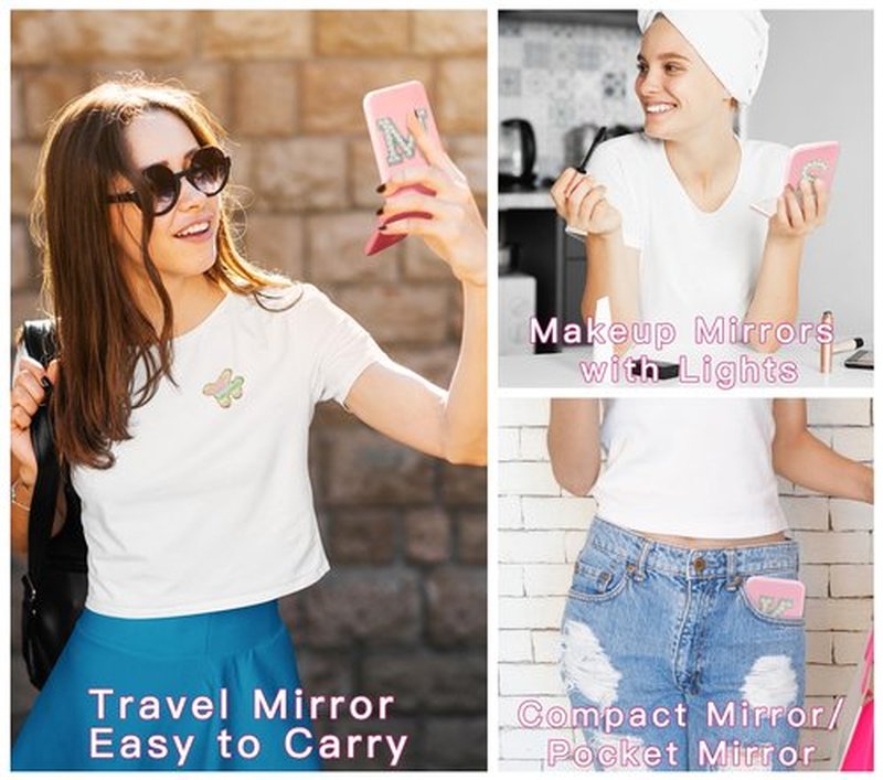 Aganmi Personalized LED Pocket Mirror Pearl Letter 1X/2X Magnification Small Travel Makeup Mirror with Lights Pink Compact Mirror Folding Mirror Gifts Travel Essentials for Women Teen Girl (Z)