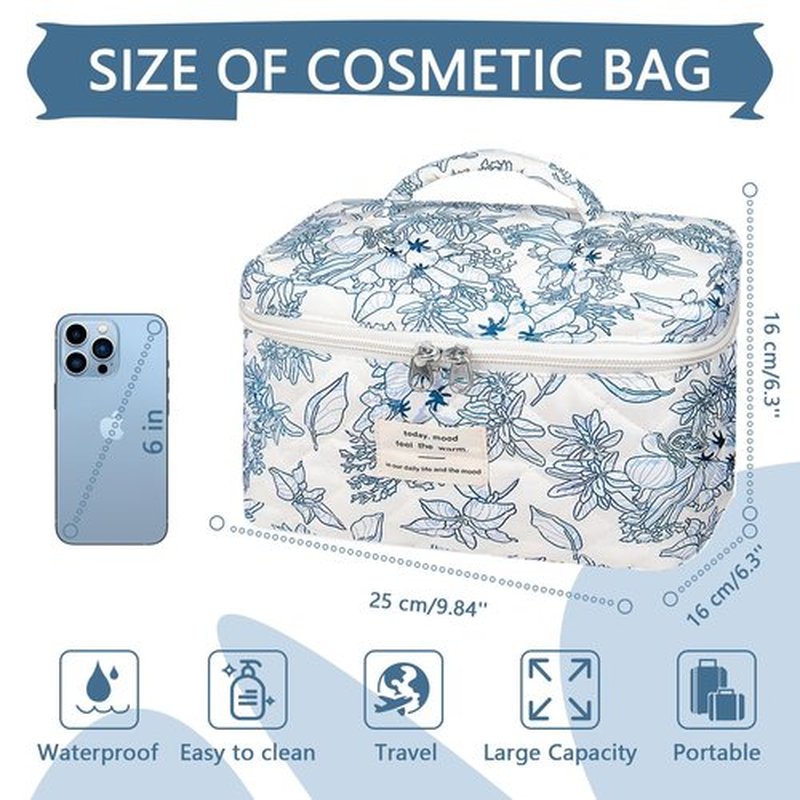 Large Makeup Bag, Cute Cosmetic Bag for Women Girls, Floral Coquette Aesthetic Toiletry Bag, Travel Make Up Organizer Bag (Navy Blue)