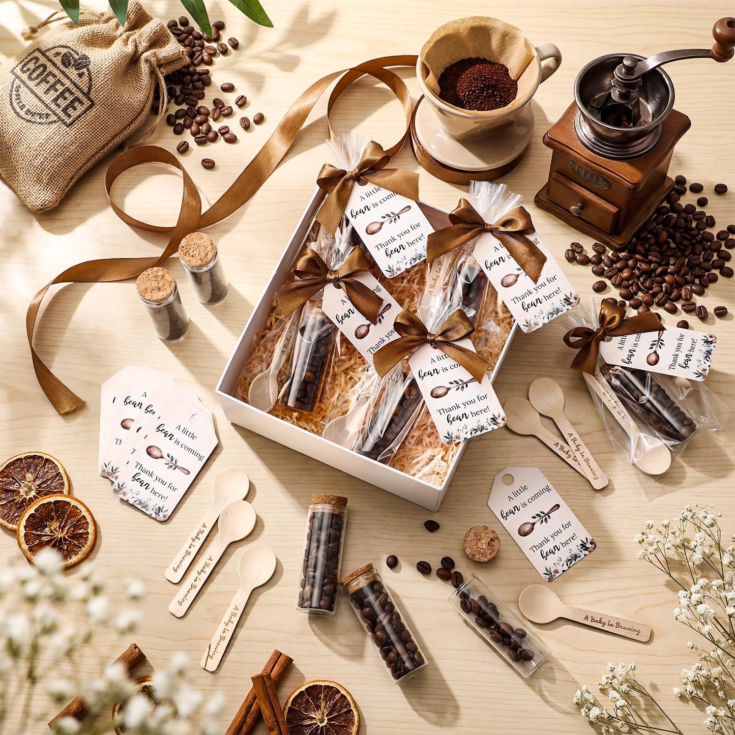 Gandeer 30 Set Coffee Baby Shower Favors for Guest A Baby Is Brewing Wooden Spoon Mini Coffee Glass Jar Thank You Card Brown Ribbon and Bags for Gender Reveal Party Guest Souvenirs