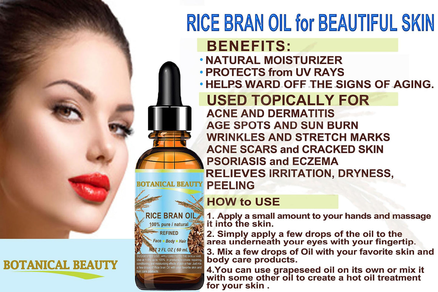 Botanical Beauty RICE BRAN OIL 100% Pure Natural Refined Undiluted Cold Pressed Carrier Oil for Face, Skin, Body, Hair, Massage, Nails. (4 Fl Oz)