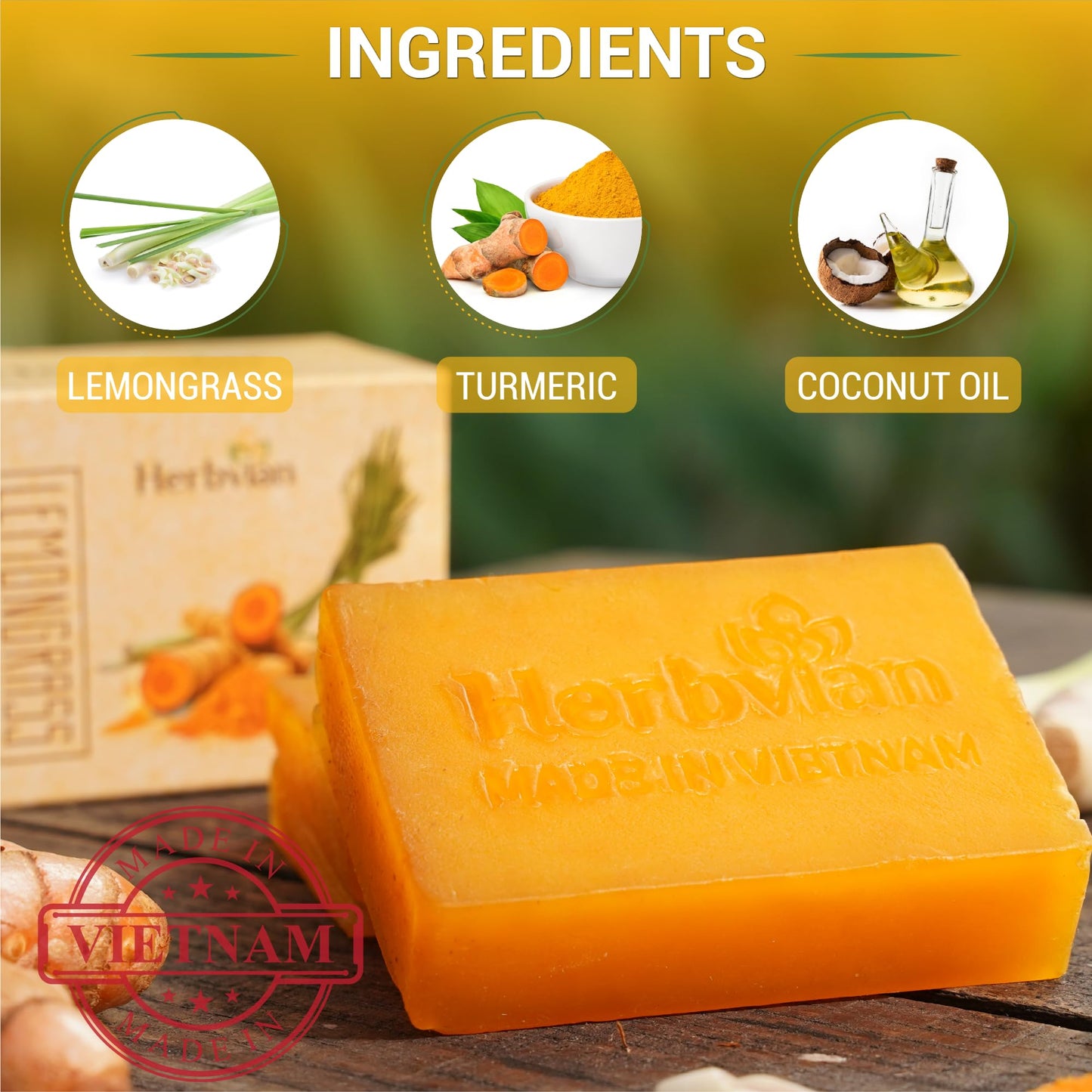 Herbvian Natural Turmeric Vietnames Soap Bar with Lemongrass Oil 3 Pack