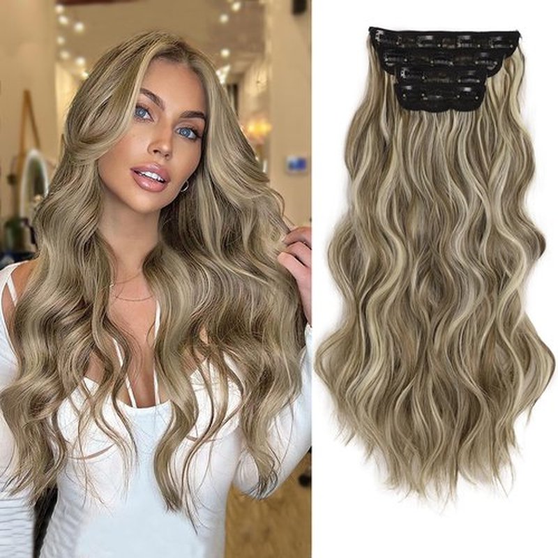 QGZ Clip in Hair Extensions for Women 4 PCS Set of Thick, Synthetic Long Wavy Hairpieces 20 Inch Ash Blonde mix Light Blonde