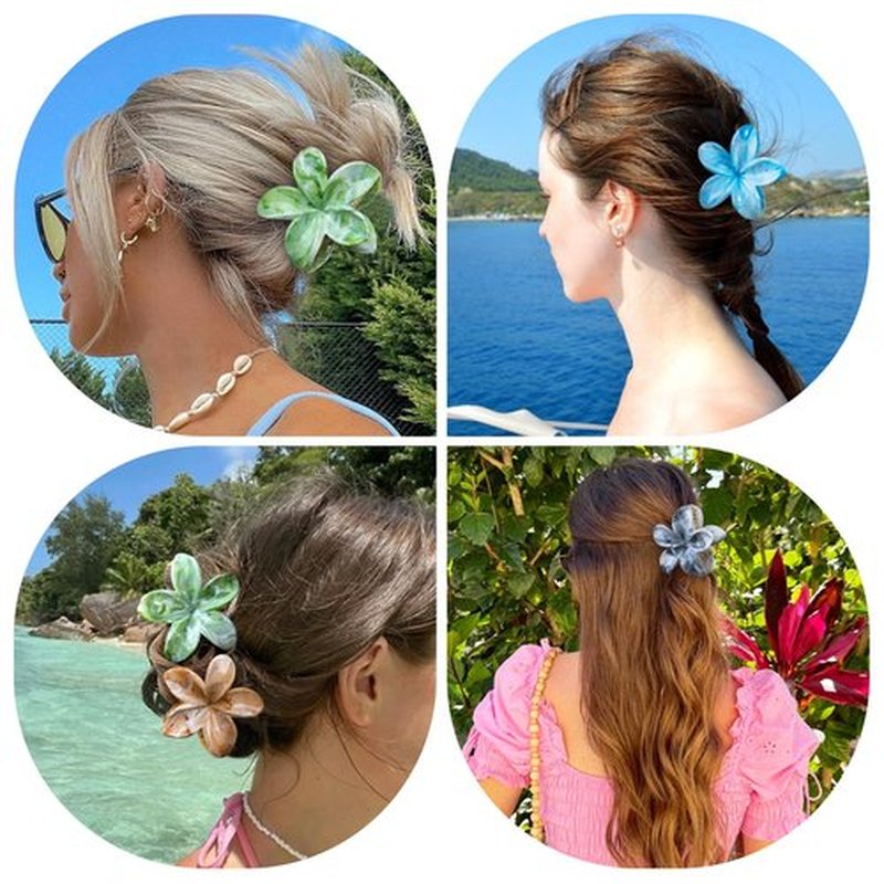 Flower Hair Clips, 4PCS Hawaiian Plumeria Flower Hair Claw, Artistic Multi-color Smudge Pattern Barrettes Hair Clips, Beach Tropical Hair Accessories for Women and Girls - Color B